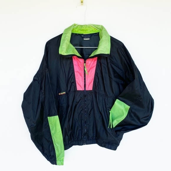 Vtg COLUMBIA neon & black windbreaker jacket Womens size L - Picture 1 of 10
